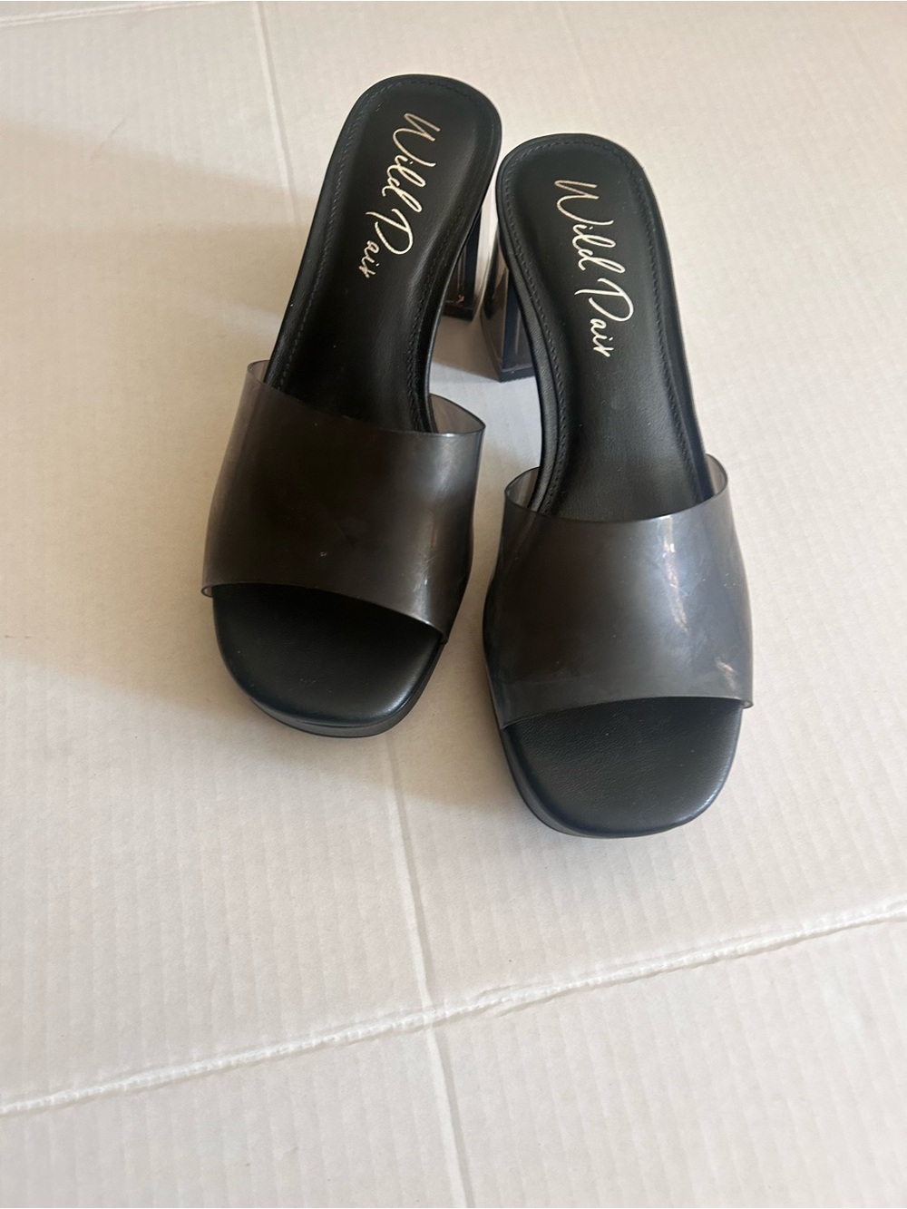 Wild Pair Black Clear Wide Strap Block Heel Mules